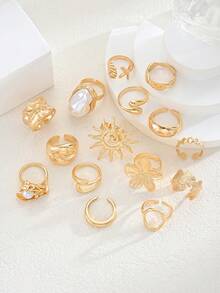 15/7pcs Bohemian Style Faux Pearl Flower Women's Sun Rings Suitable For Daily Wear - Yellow Gold - View 5
