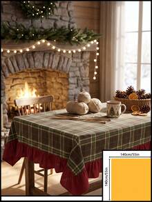 1pc Green Brown Red Classic Large Plaid Tablecloth Traditional Country Style Rectangular Burgundy Ruffle Edge Pleated Detail Stain-Resistant Protective Tablecloth For Home Long Table Suitable For Christmas Family Gathering And Winter Holiday Dining Room Decor - Green - View 20