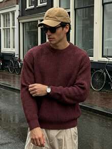 Lightweight Casual Textured Knit Sweater, Minimalist Design, Loose Fit Crew Neck Pullover For Unisex, Suitable For Autumn/Winter - Brown - View 1