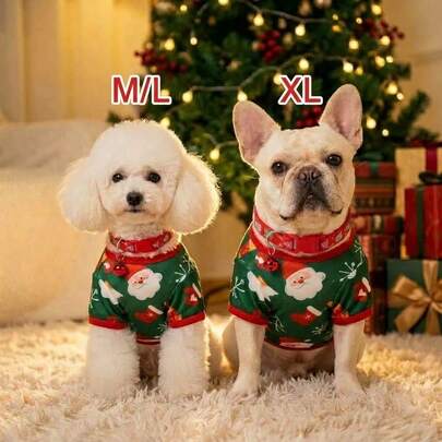 Conjunto de 2 piezas de ropa navideña para perro, chaleco para mascota con estampado de Papá Noel en rojo y verde con collar de campana, adecuado para perros pequeños y medianos, ropa de invierno