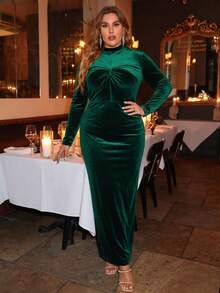 Plus Size Elegant Green Velvet Long Sleeve Stand Collar Fitted Dress For Formal Evening Party Holiday - Dark Green - View 1