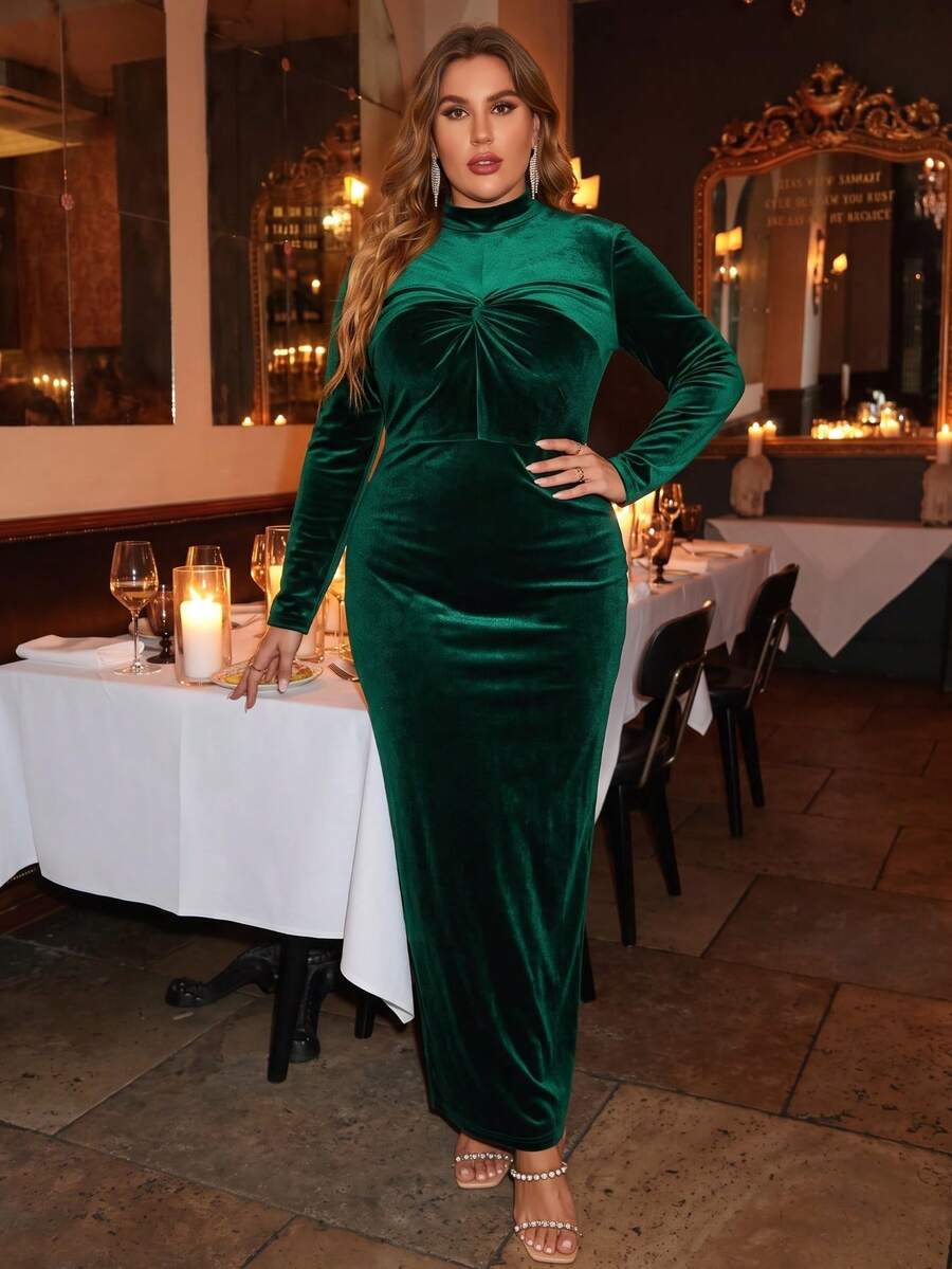 Plus Size Elegant Green Velvet Long Sleeve Stand Collar Fitted Dress For Formal Evening Party Holiday - Dark Green - View 1