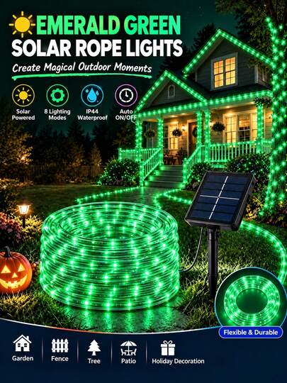 Solar Rope Lights, Outdoor String Lights, 1 Pack, 23/39/72/105ft (7/12/22/32m), 50/100/200/300 LEDs, Clear Tube, 8 Modes, IP44 Splash Resistant For Halloween Christmas Garden Patio Decor, Includes Scissors & Zip Ties