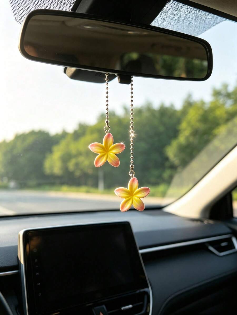 1 buah Hiasan Gantung Kaca Spion Mobil Bunga Plumeria Segar, Aksesori Dekorasi Interior Mobil, Ornamen Mobil Kreatif - A - View 1