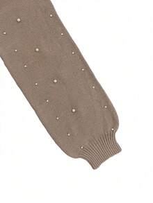 Solid Color Round Neck Beaded Casual Loose Knit Pullover Top - Light Brown - View 10