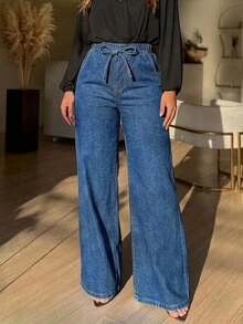 Women's Casual Elegant Lightweight Wide Leg Denim Jeans With Drawstring Waist And Pockets, Long Non-Stretch Boho Style Pants For Fall - Dark Wash - View 7