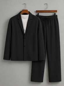 Men's Plus Size Suit Set, Solid Color Casual Suit Set For Autumn, Suitable For Daily Wear - Black - View 2
