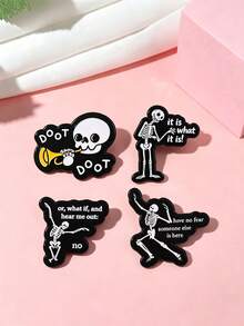 Funny Skeleton Enamel Pins Set, Cute Dancing Skull Brooch With Slogan, Metal Badge For Backpack Clothing Decor Gift - Multicolor - View 2