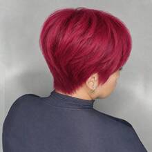 1 PC Short Straight Pixie Cut Wigs For Women Human Hair 6 Inch 180% Density Layered Machine Made Wigs With Bangs Black Color & BUG Red Color Pixie Wig Brazilian Remy Hair - SBUG - View 2