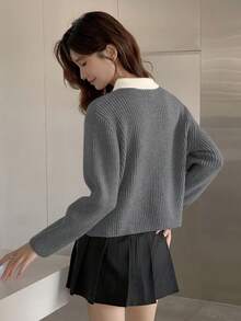 秋冬大學風拼接配色蝴蝶結領長袖刺繡女款開襟針織衫，街頭風 - 深灰色 - 查看 2