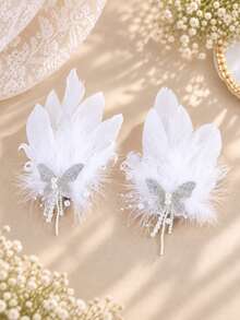 KOVLYNE 2pcs White Feather Princess Hair Clips With Rhinestone Butterfly And Pearl Tassel, Elegant Bridal Hair Accessories For Wedding, Party, Photography And Special Occasions - White - View 5