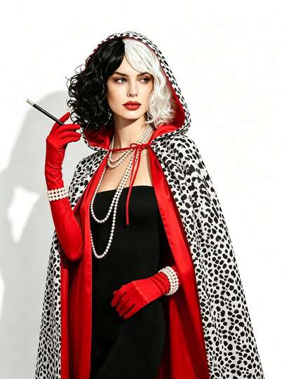 8pcs Loyal Dog & Fashion Villain Role Play Costume Set, Complete Halloween Party Outfit, Spotted Leopard Print Vintage Cape, Robe & Stand Collar Shawl, Women's Halloween Costume/Spotted Hooded Long Cape & Stand Collar Shawl, Black & White Curly Wig, Red Long Satin Gloves, Multi-Layer Pearl Necklace & Bracelet, Argyle Spotted Knee-High Socks (Suitable For Christmas, Carnival, Masquerade Ball), Vintage Villain Role Play Costume