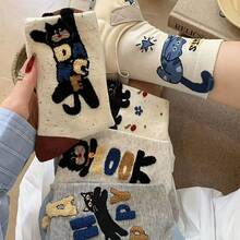1/4/8 Pairs - Cartoon Cat Mid-Calf Socks For Women - Spring/Autumn Style With Cute Lettering - Ins-Style Versatile Socks - Multicolor - View 3