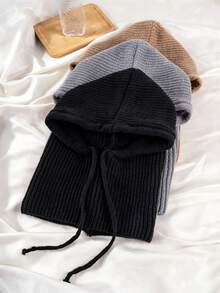 1pc Women's Solid Color Balaclava Couple Style Ear Protection Knitted Hat, Scarf Integrated Hooded Knit Knitted Cap - A - View 7