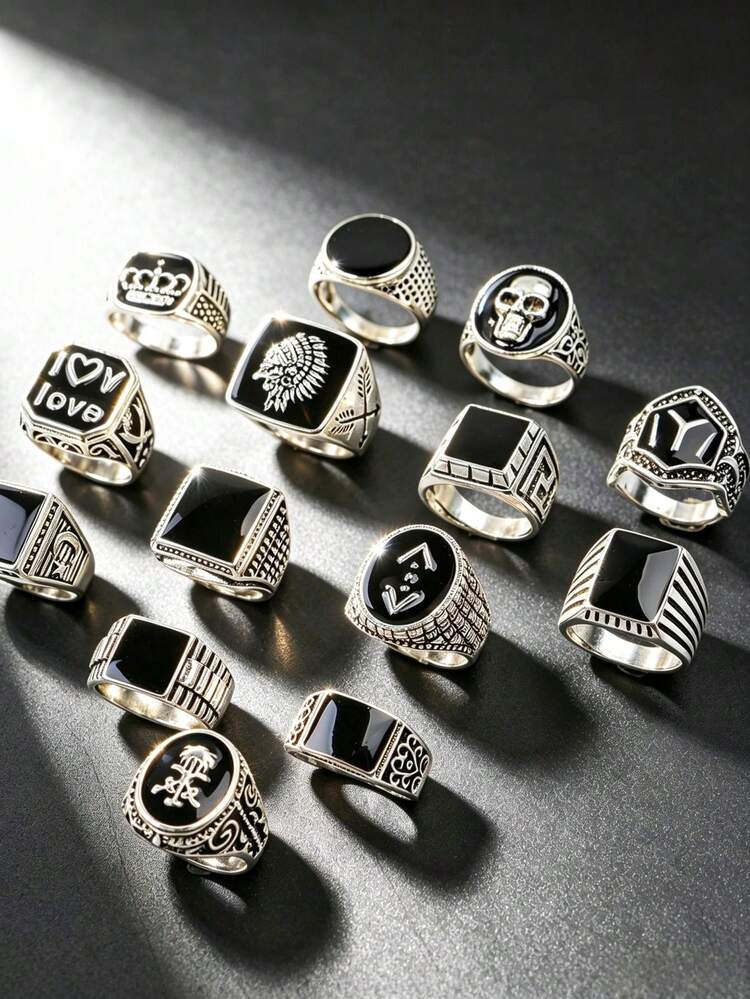 12pcs Vintage Silver Tone Black Stone Men's Signet Rings, Retro Punk Geometric Carved Finger Jewelry Gift - All-black Glossy Patterned Mix - View 5