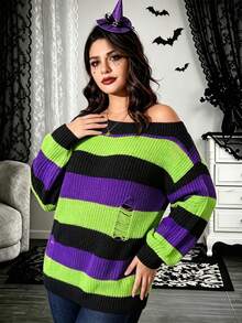 Sweater Rajut Halloween Musim Gugur/Dingin 2026 untuk Wanita Ukuran Besar, Gaya Punk Gothic Y2K, Pullover Bahu Terbuka dengan Detail Rusak, Atasan Pullover Rajut Kasual Bergaris Blok Warna - MultiWarna - View 1