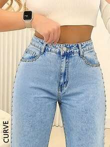 Women's Plus Size Loose Wide Leg Straight Rivet Denim Jeans, Back Elastic Waist Design, Fashionable Autumn/Winter Plus Size Long Pants - Light Wash - View 3