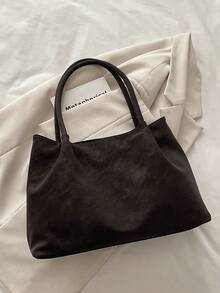Vintage Large Capacity Solid Color Tote Bag, Lightweight Minimalist Shoulder Bag, Women Daily Commute Vacation Casual Handbag - Coffee - View 3