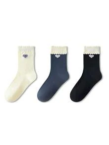 ZUJO 3 Pairs Double Layer Lace Women's Mid-Calf Socks, Heart Pattern, Soft And Comfortable, Suitable For Spring, Autumn, Winter Sports And Daily Wear - Multicolor - View 6