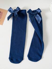 2 Pairs Girls' Bow Knee-High Socks, Elastic Comfortable Breathable Casual Holiday Birthday Party Daily Wear, Suitable For All Seasons - Multicolor - View 6