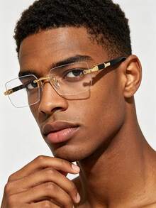 1PC Men's Casual Retro Square Frameless Fashion Clear Lens Glasses, Suitable For Daily Wear, Decoration And Street Photography - Black - View 2