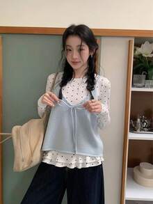 Polka Dot Lace Patchwork Long Sleeve T-Shirt Women Slim Fit Flattering Top Knit Camisole 2 Pieces Set - Blue - View 3