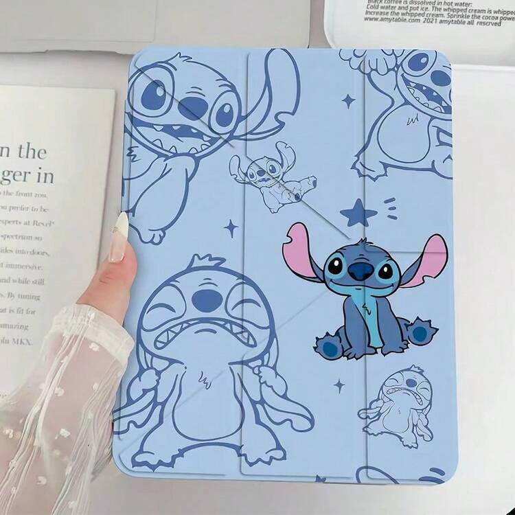 Disney Stitch 卡通平板保護殼，多折式支架翻蓋設計，附藍牙觸控筆插槽，Stitch 卡通角色印花，多邊加厚防震防摔，多種折疊模式可調視角，藝術設計，相容 iPad/Air/Pro 機型 - 藍色 - 查看 12