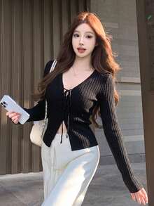 Sexy Style Design Tie-Up Deep V-Neck Long Sleeve Cardigan Women's Autumn Loose Versatile Outerwear Top - Black - View 3