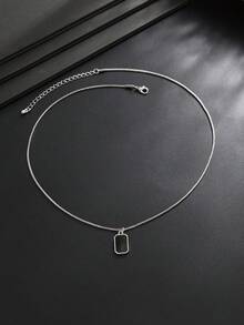 1pc Fashionable Minimalist Black Geometric Pendant Necklace, Box Chain Necklace, Casual Style Accessory, Ideal Gift For Men, Unisex - Silver - View 3