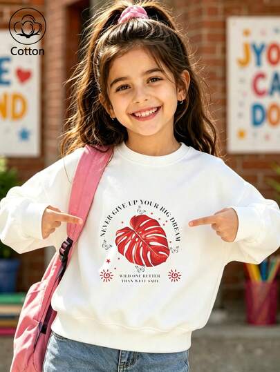 Girls' Cute Printed Drop-Shoulder Round-Neck Long-Sleeve Casual Sports Sweatshirt