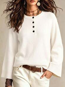 Fashionable White Round Neck Ribbed Knit Raglan Sleeve Women's Sweater, Long Sleeve Pullover, Suitable For Vacation And Holiday, Autumn/Winter Wear - White - View 3