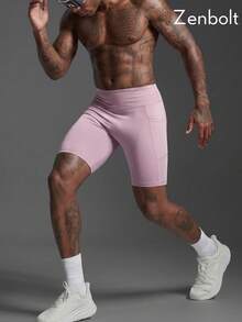 ZenBolt Men's High Waist Elastic Compression Fitness Shorts With Pockets, Workout Running Training Sports Shorts - Baby Pink - View 2