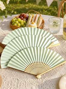 Light Green Folding Fan Gift Set With Mesh Bag And Thank You Card, DIY Handheld Bamboo Folding Fan, Wedding Favor Gift, Bride Dance Prop For Church Wedding Party - Multicolor - View 4