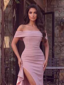Women's Charming Off-Shoulder Long Pink Knit Dress, Ruched Bust Design, High Slit, Suitable For Prom And Formal Occasions - Pink - View 8
