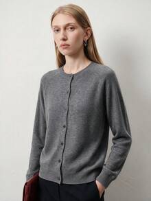 [AURELIA Wool] Solid Gray Ribbed Texture Front Button Office College 100% Wool Minimalist Knit Cardigan Old Money Style Commute Versatile - Grey - View 2
