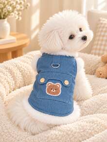 Cute Bear Print Double-Layer Fleece Pet Vest - Thickened Warmth, Soft & Comfortable, With Warm Wool Lining, D-Ring Chest Strap, Cute Bear Design - Winter Pet Jumpsuit (Blue) - Blue - View 6