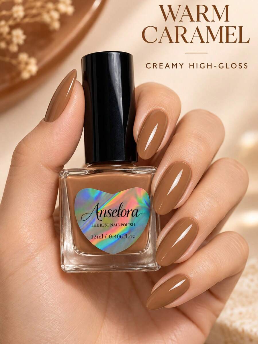 Anselora Warm Caramel Glossy Nail Polish 12ml, High Shine Creamy Solid ...