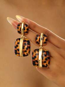 1 Pair 3D Double Layer Leopard Print Exaggerated Dangle Earrings, Gold Rim Vintage Tortoiseshell Long Earrings, Women's Wild Style Accessory - Yellow Gold - View 4