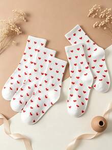 5 Pairs Sweet Red Heart All-Over Print Mid-Calf Socks, Simple White Heart Pattern Student Socks, Versatile Daily Wear Girls Socks - White - View 5