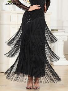 Robe de soirée Top de gamme pour femmes, patchwork, manches longues, à franges et perles, robe de banquet, de fête et de vacances - Noir - Voir 10