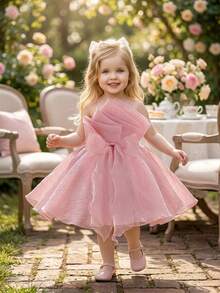Baby Girls Spaghetti Strap Ruched Bow Starry Tulle Cute Birthday Princess Dress, Suitable For Party, Wedding Flower Girl, Vacation, Without Headband - Dusty Pink - View 4
