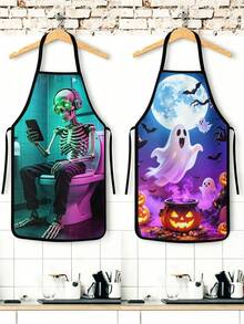 1pc 2pcs 4pcs Happy Halloween Cartoon Apron, Pink Ghost Castle Bat Print Sleeveless Apron, Women Kitchen Baking Apron Holiday Decor - Multicolor - View 5