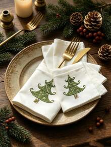 1pc 100% Polyester Christmas Tree Embroidered Fabric Napkin, White Reusable Dinner Napkin For Holiday Christmas Home Dining Party Banquet Table Decor - Multicolor - View 4