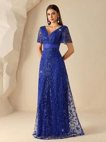 XUCTHHC Elegant V-Neck Butterfly Sleeve High-Quality Sequin A-Line Deep Blue Party Evening Gown, Formal Ball Dress, Wedding Guest, Holiday, Autumn/Winter - Royal Blue - View 8