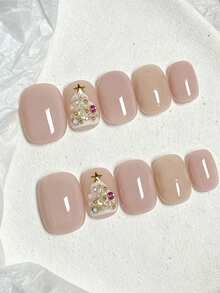 10 buah Kuku Tempel Pendek Persegi Buatan Tangan Asli, Gaya Lembut dan Manis, Dasar Merah Muda Nude, Pola Pohon Natal 3D & Mutiara Rhinestone untuk Wanita dan Anak Perempuan, Musim Semi, Musim Panas, Musim Gugur, Musim Dingin, Festival, Pesta, dan Penggunaan Sehari-hari - Baby Pink - View 2