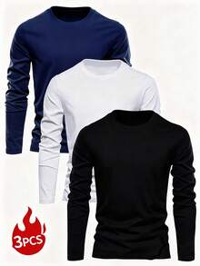3pcs/Pack Men's Casual Versatile Printed Crew Neck Long Sleeve T-Shirts, Spring/Autumn - Multicolor - View 1