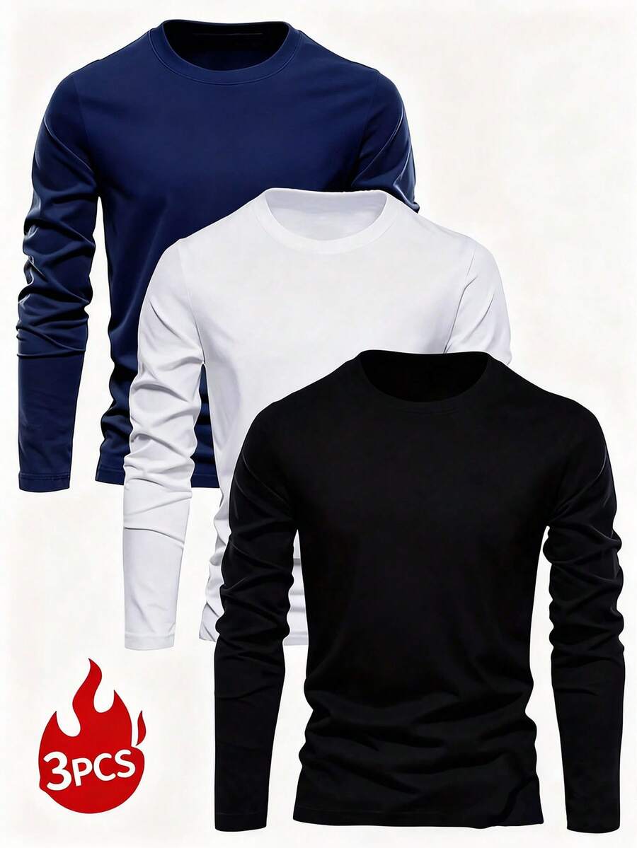 3pcs/Pack Men's Casual Versatile Printed Crew Neck Long Sleeve T-Shirts, Spring/Autumn - Multicolor - View 1