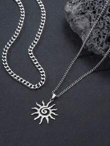 2Pcs Vintage Hip Hop Layered Necklace Set, Alloy Sun Spiral Pendant With Stainless Steel Chain For Men, Daily & Holiday Gift - Silver - View 1