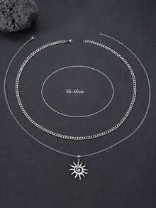 2Pcs Vintage Hip Hop Layered Necklace Set, Alloy Sun Spiral Pendant With Stainless Steel Chain For Men, Daily & Holiday Gift - Silver - View 3