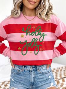 Christmas, Women's Striped Color Block Christmas Pattern, Suitable For Winter, Women's Casual Drop Shoulder Long Sleeve Crew Neck Sweatshirt - Multicolor - View 3